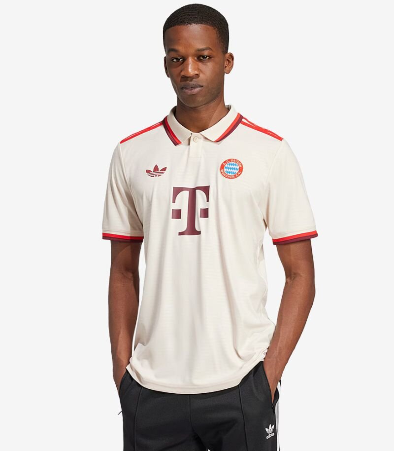 bayern munich third shirt in linen white with collar, and red and orange details 